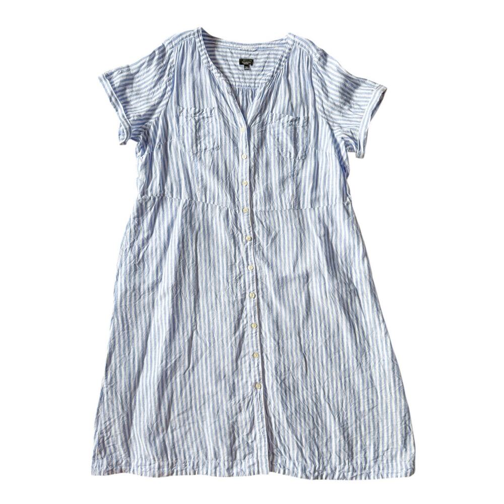 Talbots Linen Shirt Dress Midi Striped Button Front Minimalist Lagenlook Pockets